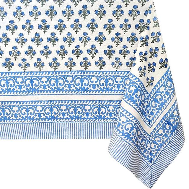 ATOSII Gulbahar White Blue 100% Cotton Tablecloth, Handblock Print Floral Rectangle Table Cloth for Kitchen Dining Linen I Outdoor, Parties, Wedding, Table Cloth Home Decor 60 X 108 Inches