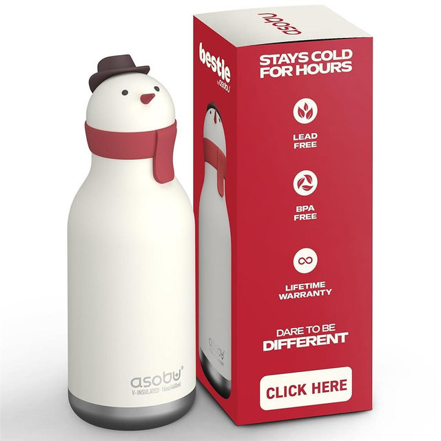 asobu Bestie Bottle Insulated Stainless Steel Water Bottle with Detachable Soft Animal Head Fun Drinking For Kids and Teens with Flexible Reusable Straw 16 Ounce (SNOWMAN)