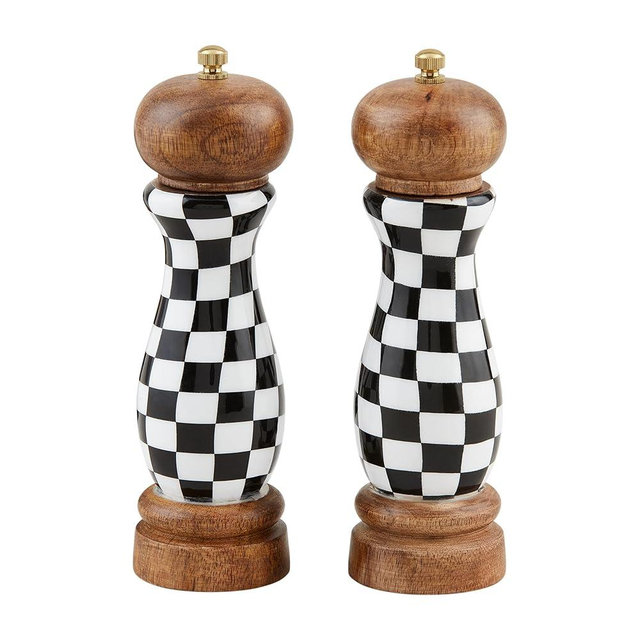 Mud Pie Checked Salt Pepper Grinders, 8" x 2 1/4" dia, WHITE