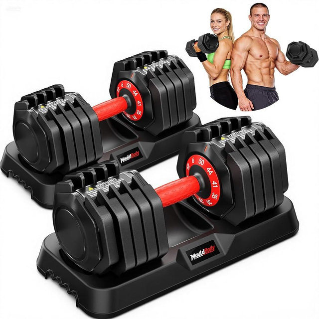 Mouldbody Adjustable Dumbbell Set Pair 25 lb or 50 lb, Adjustable Dumbbells 10-in-1 Free Weight Set, 1-Second Dial Weight Adjustment,Space-Saving Design with Storage Base, Home Gym Strength Training Equipment