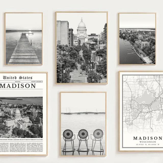 Madison Print Set of 6, Black and White Madison Wisconsin Map Decor, Madison WI Wall Art Photo, Madison Travel Poster Madison Wisconsin Gift