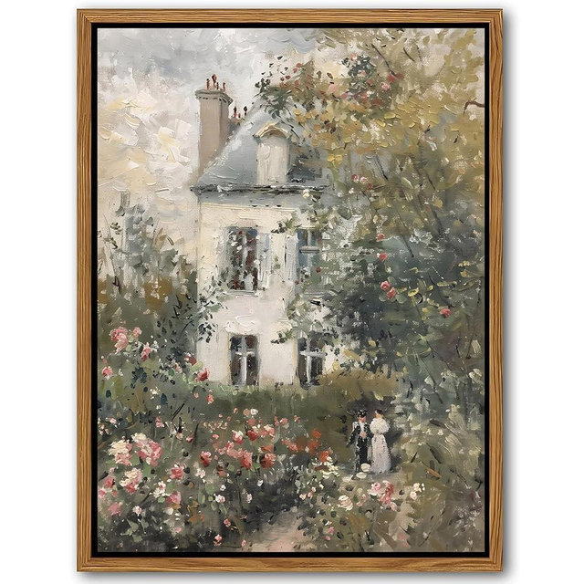Floating Framed Canvas Vintage Wall Art, Neutral English Cottage Rose Garden Oil Paintings Print, Spring Pictures Wall Decor for Living Room Hallway Bedroom Office Rustic Decor 12x16 inch