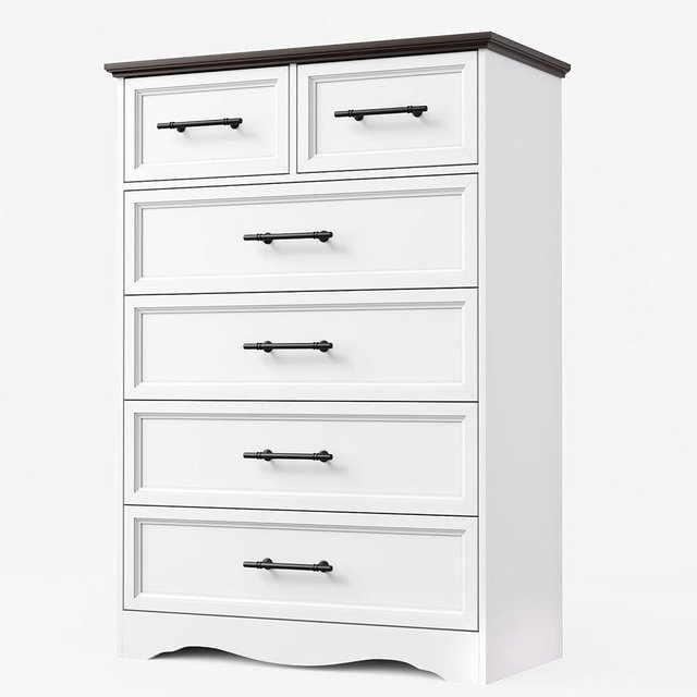 YANSNWO White 6 Drawers Dresser for Bedroom, 44" Tall Modern Dresser & Chest of Drawers with Brushed Metal Handle, Wood Closet Organizers and Storage Cabinet for Bedroom, Living Room