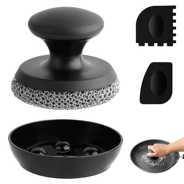 Cast Iron Scrubber Cleaner, Chainmail Scrubber for Cast Iron Pan Skillet, Dish Scouring Pad, Stainless Steel Brush/Scraper for Metal Skillet Scrubbing, Wok, Dutch Oven Cleaning Kit - Thin Mesh