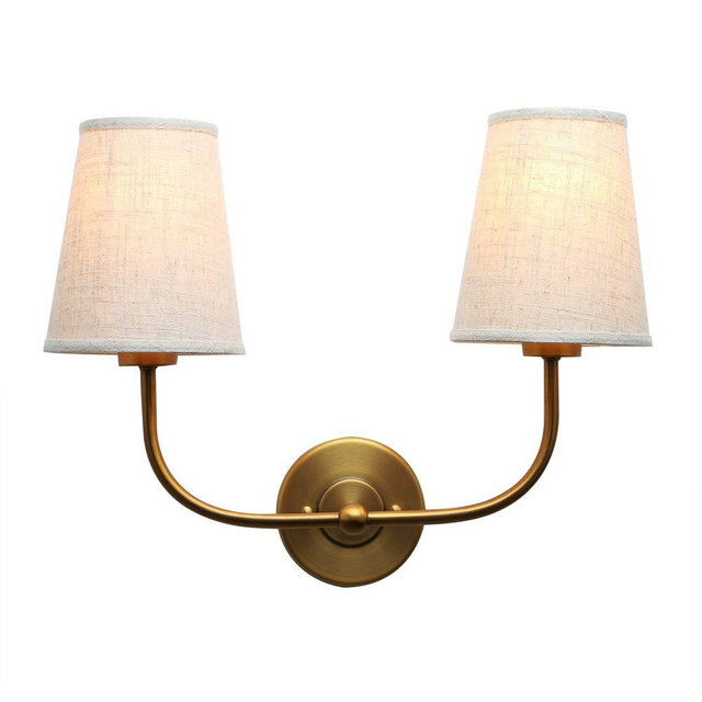 Permo Vintage Double Sconce Antique 2-Lights with Flared Funnel Linen Beige Fabric Shade