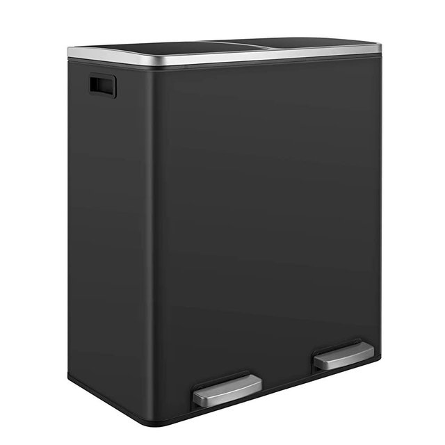 FINETONES Dual Step Trash Can, 16 Gallon (30L) Stainless Steel Garbage Can with 2 Soft-Close Lid and 2 Removable Inner Wastebasket, Bin Body with Handle for Kitchen, Home Office, Black