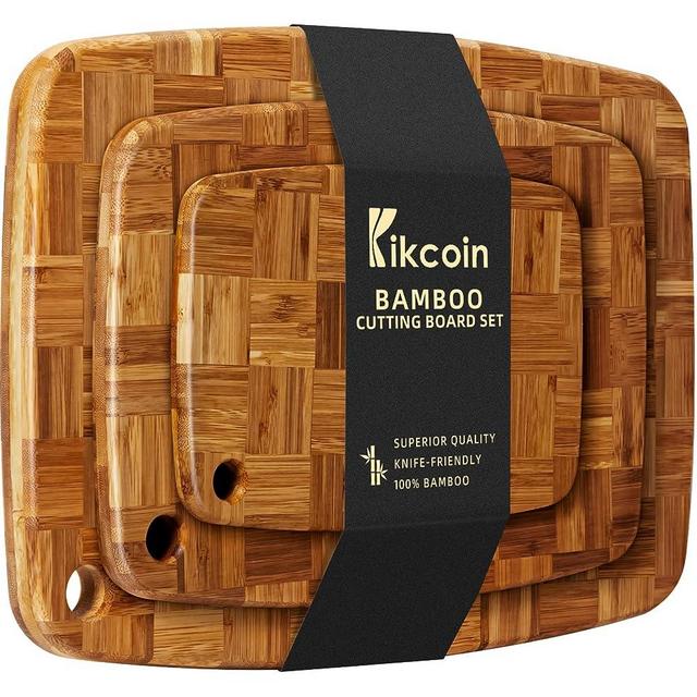 Bamboo Cutting Board Set of 3, Cutting Boards for Kitchen Wood Cutting Board for Meat, Cheese, Vegetables, Reversible Chopping Board with Hanging Hole, Large, Kikcoin