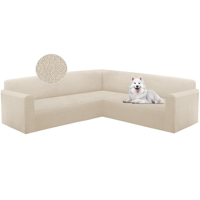HDCAXKJ Sectional Couch Cover L Shape Stretch Sofa Covers Washable Jacquard Corner Couch Slipcover Non Slip Sectional Slip Cover U Shaped Furniture Protector for Pets Dogs (Light Beige, X-Large)
