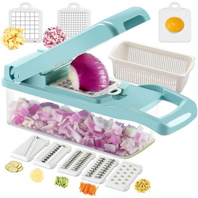 Ourokhome Vegetable Dicer Mandolin Slicer - 7 Blades Handy Onion Chopper Shredder with Egg Separator and Colander Strainer for Kitchen Multiple Uses ( Blue)