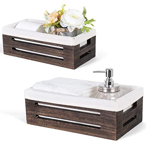 Dahey Wooden Storage Bin Decor Box Toilet Tank Paper Organizer Container Cabinet Shelf Basket Decorative Closet Countertop with Handles and Washable Liner for Bedroom Livingroom Laundry, 2 Pack