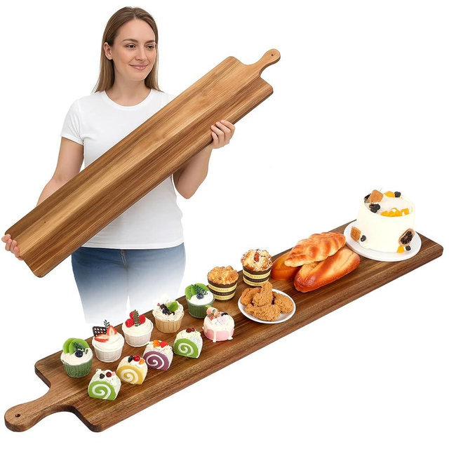 Baderke 48 Inch Acacia Wooden Long Charcuterie Board Extra Large Charcuterie Boards Serving Board with Handle Kitchen Bread Meat Cutting Boards Fruit Cheese Decorative Food Platter for Kitchen