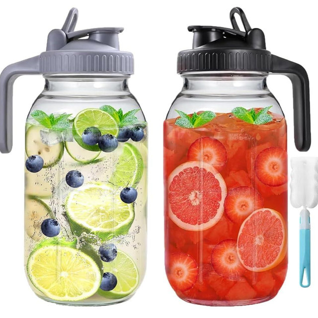 2 Pack 64 oz Glass Pitcher With Lid, Mason Jar Pitcher, 2 Quart Breast Milk Pitcher Jug with Flip Cap Leak Proof, Glass Sun Tea Jar for Ice Tea, Cold Brew Coffee, Breast Juices