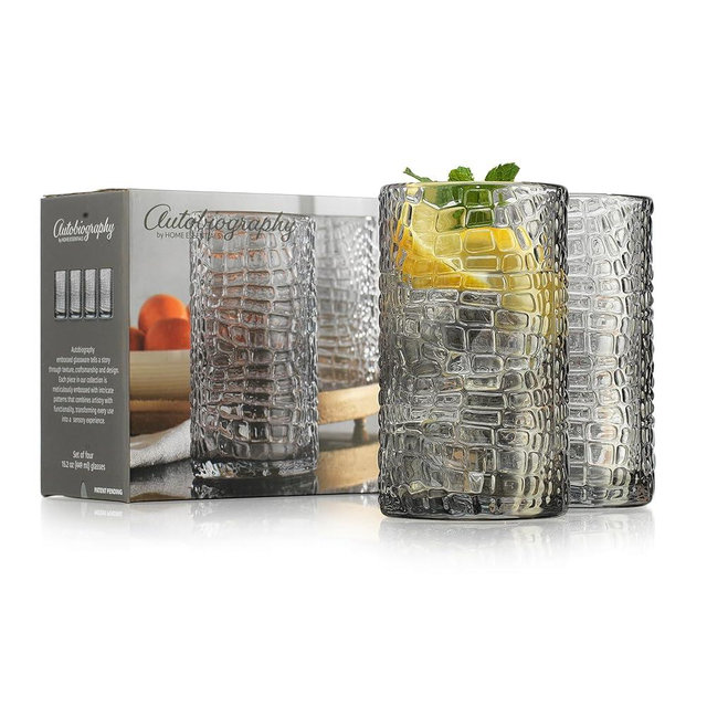 Glaver's Highball Glasses Set of 4 Smoke Drinking Glasses, 15 Ounce Crackle Textured Newly Designed Patent Glassware Heavy Bar Home Party Decor Black Kitchen Glasses, Water Juice Cocktails