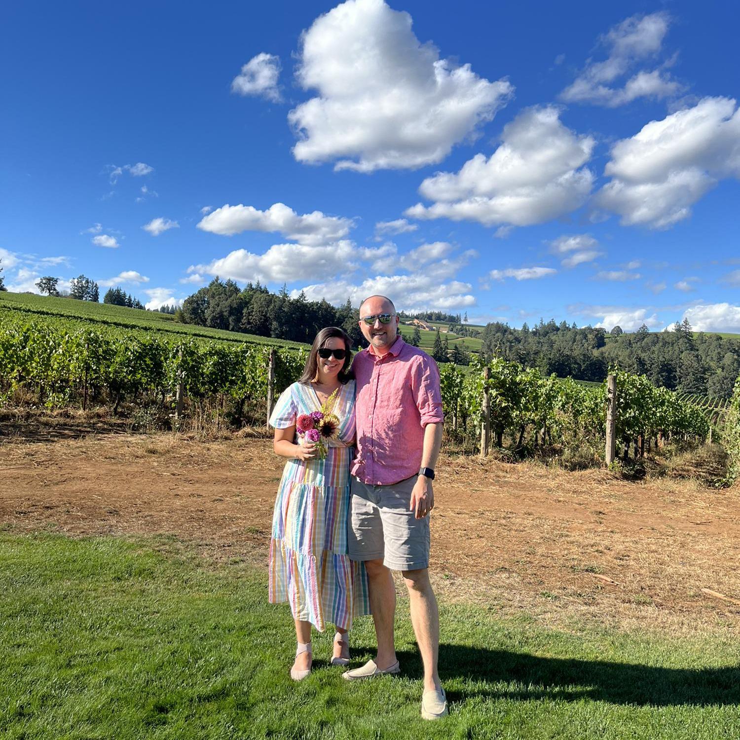 Celebrating our engagement with our families at Sokol Blosser winery.