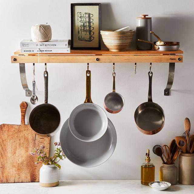 Wall-Mounted Pot Rack With Shelf - Natural Wood