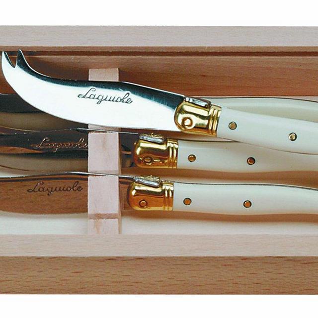 Jean Dubost 4 Cheese Knives in Box, Ivory