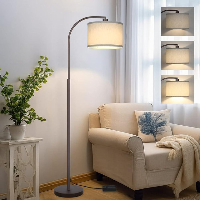 Boncoo Dimmable Floor Lamp, Arc Standing Lamp with Stepless Dimmer, Brown Floor Lamp with Adjustable Linen Beige Shade for Living Room Bedroom Study Room Office, 9W 3000K LED Bulb Included