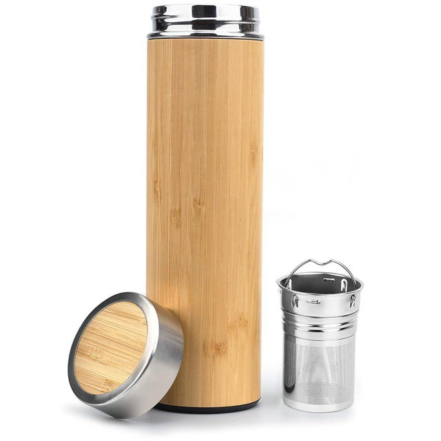 Bamboo Tea Tumbler,D&X Vacuum Insulated Stainless Steel Travel Tea Mug,Fruit tea, Infuser Bottle for Loose Leaf Tea & Coffee capacity- Keeps Hot & Cold for 12 Hrs |17oz/500ml