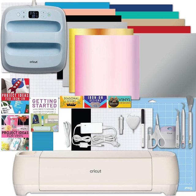Cricut Explore 4 with Easy Press 3 Machine and Iron-On Combo Bundle - Craft Cutting Machine and Heat Press Combo, Cricut Machine Kit for Beginners and Gifts, DIY Apparel and Tote Bags, HTV Materials