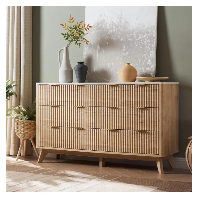 54" Wide Modern Dresser with 6 Drawers, Fluted Chest of Drawers with Faux Marble Top, Wood Drawer Organizer for Bedroom, Living Room, Beige