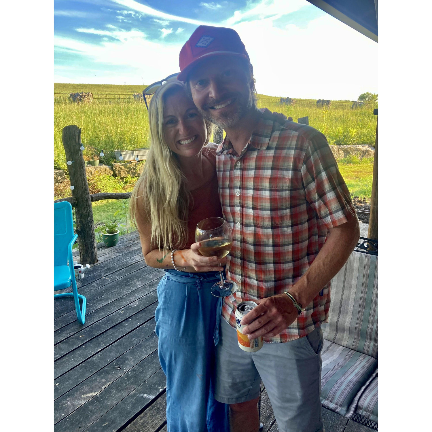 Celebrating after getting engaged out at the Crooked Bar N Ranch at Shawnee's folks' home in the Flint Hills outside Alma, KS