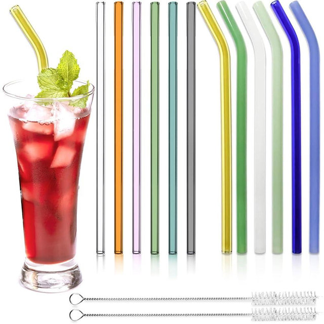 12 Pack Reusable Glass Straws - 8" x 8 MM, 6 Bent Glass Drinking Straws and 6 Straight Glass Straws with 2 Cleaning Brushes, Colorful Glass Straws for Smoothies, Milkshake, Frozen Drinks, Tea, Juice