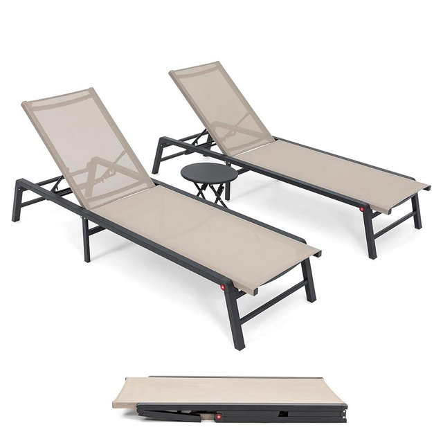 U ULAND Outdoor Chaise Lounge Set, Aluminum Free-Assemble Outside Anti-Rust Pool Lounge Chairs, Lay Flat Sun Loungers for Tanning Poolside Yard Patio Deck Lounge Chairs, Table Included，Beige