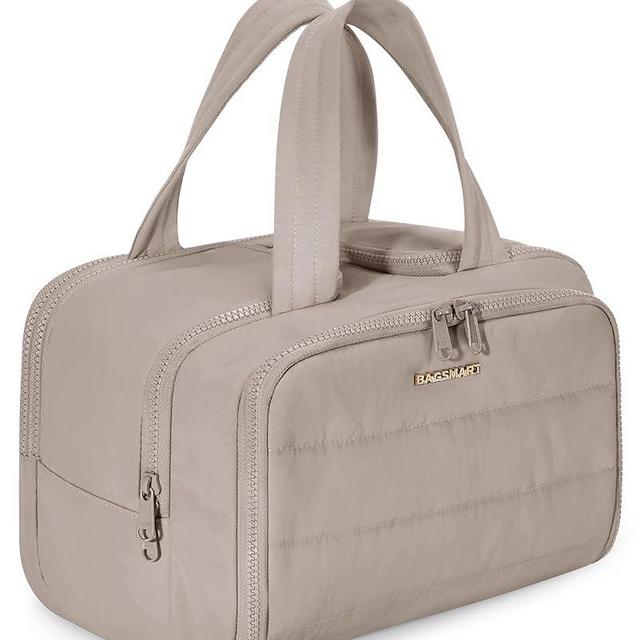 BAGSMART Travel Toiletry Bag, Lightweight Large Wide-open Travel Bag for Women, Puffy Cosmetic Makeup Bag Organizer with Handle for Accessories,Essentials, Toiletries, Grayish Brown