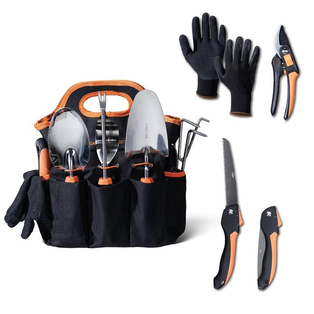 DTRK 8-Piece Large Garden Tool Set 304 Stainless Steel Garden Tool Kit with Handbag,Pruning Shears,Gloves Heavy Duty Gardening Hand Tools with Non-Slip Rubber Grip,Ideal Gifts for Women & Men Orange