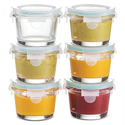Superior Glass Baby Food Storage Containers - Set of 6-4 Oz Containers with Airtight BPA-Free Locking Lids - Baby Food containers - Microwave & Dishwasher Safe - Small Containers for Snacks Dips etc