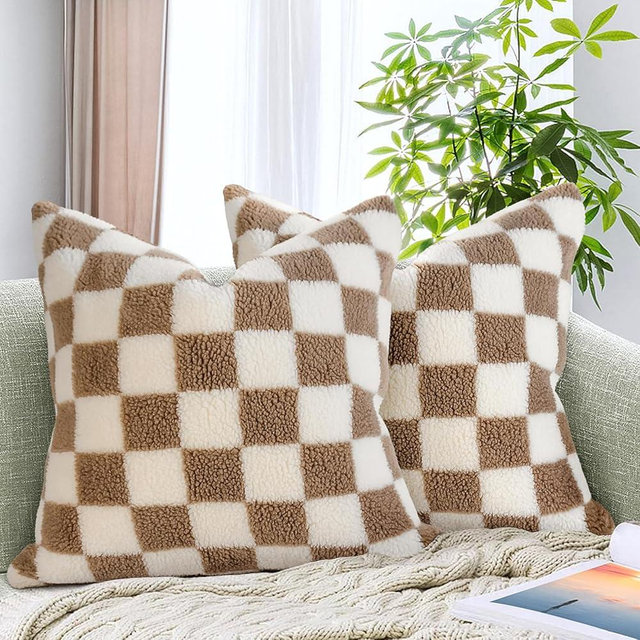 AmHoo Pack of 2 Decorative Throw Pillow Covers Checkerboard Luxury Super Soft Faux Fur Wool Set Case Cushion for Couch Sofa Bedroom 20 x 20-Inch Camel