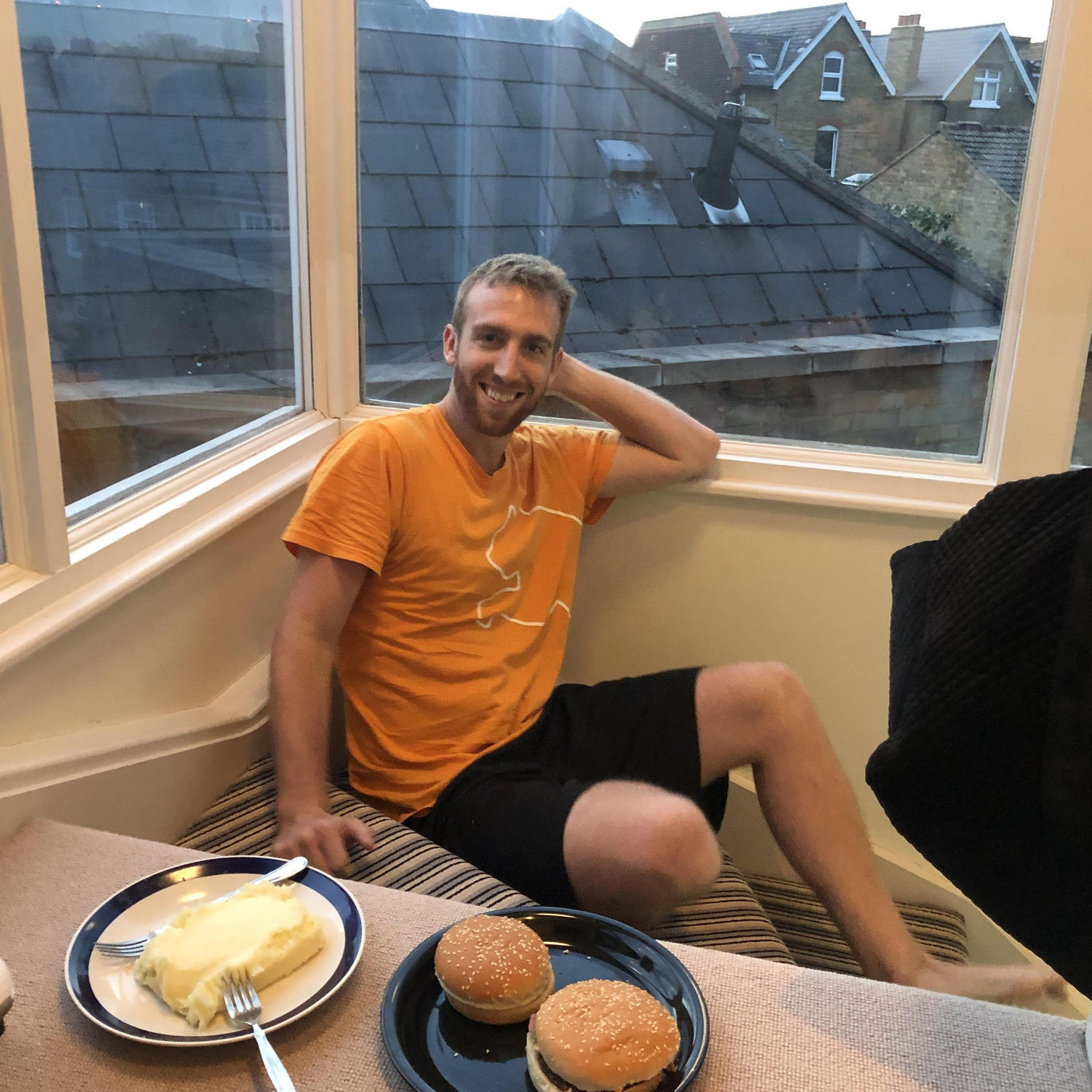 Our tiny dinner nook in London where we quarantined for two weeks
