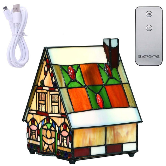 Bieye L10677 Gingerbread House Tiffany Style Stained Glass Accent Table Lamp with LED Light Inside, 7" L x 6" W x 9" H