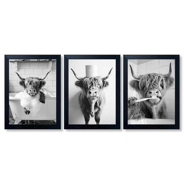 Highland Cow Bathroom Decor Framed Wall Art Farmhouse Black and White 3pcs Funny Animal In Toilet Picture Prints Cute Cow Bathroom Canvas Art