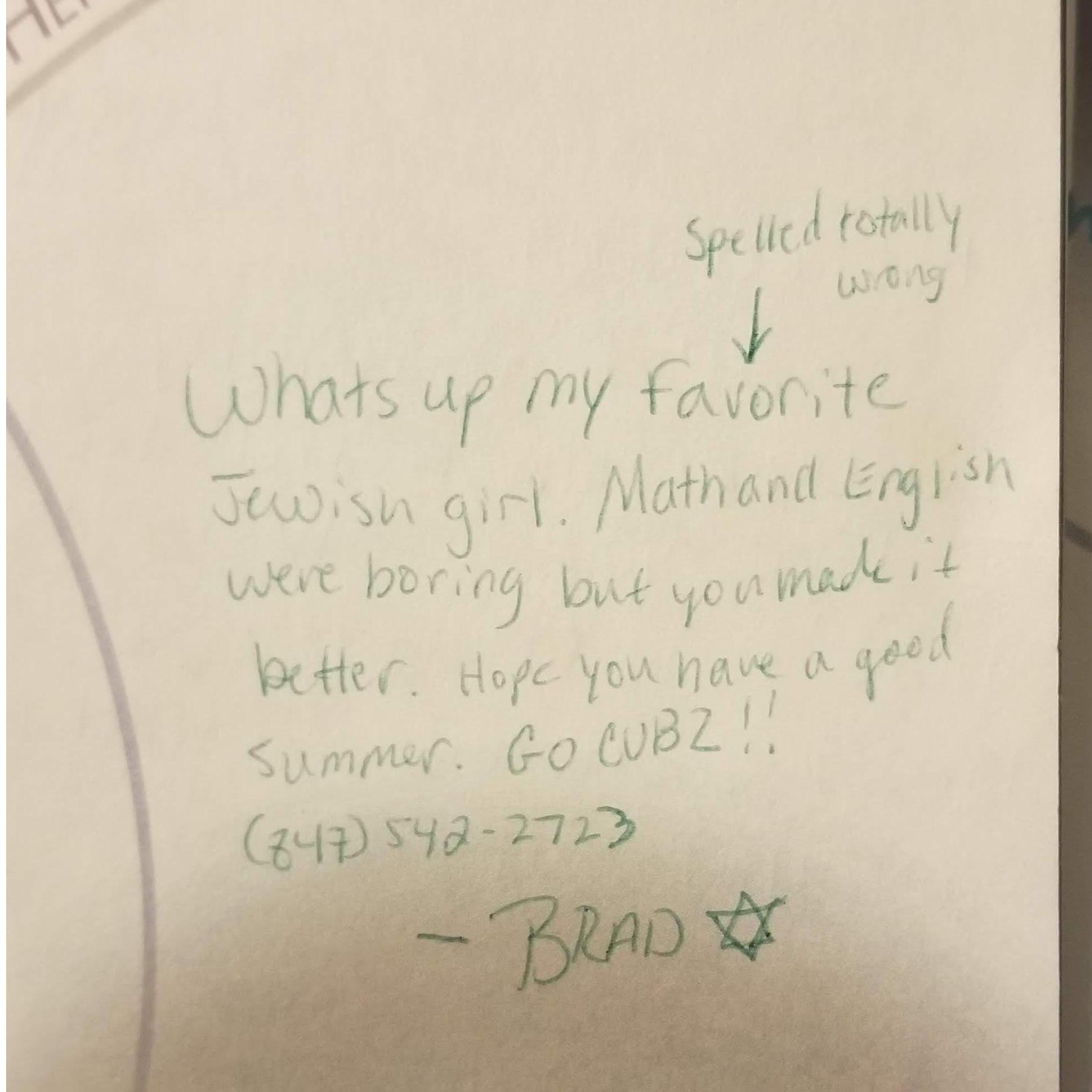 Brad writing in Brenda's yearbook in 2005. (you can't make this stuff up)... Brenda wrote in his yearbook, it said "Write to me at Camp- with my address" he didn't write!