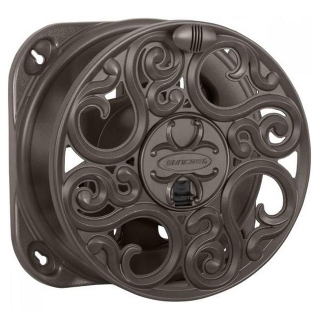 Suncast Sidewinder Side Scroll 60 Foot Hose Capacity Resin Decorative Wall Mount Hose Reel, Bronze
