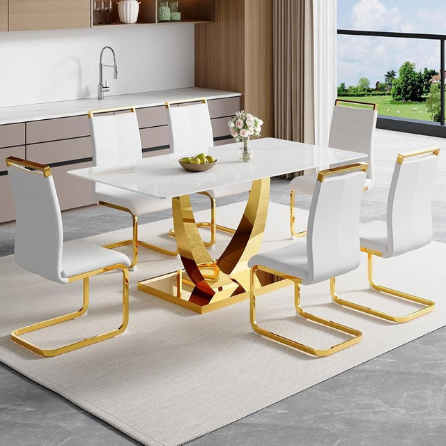 NYEESS 63” Dining Room Table Set for 6,Modern Gold Dining Table Set for 6, Rectangle Kitchen Table Set with Leather Chairs,White Faux Marble Dinner Table Set with Tempered Glass Top and Golden Base