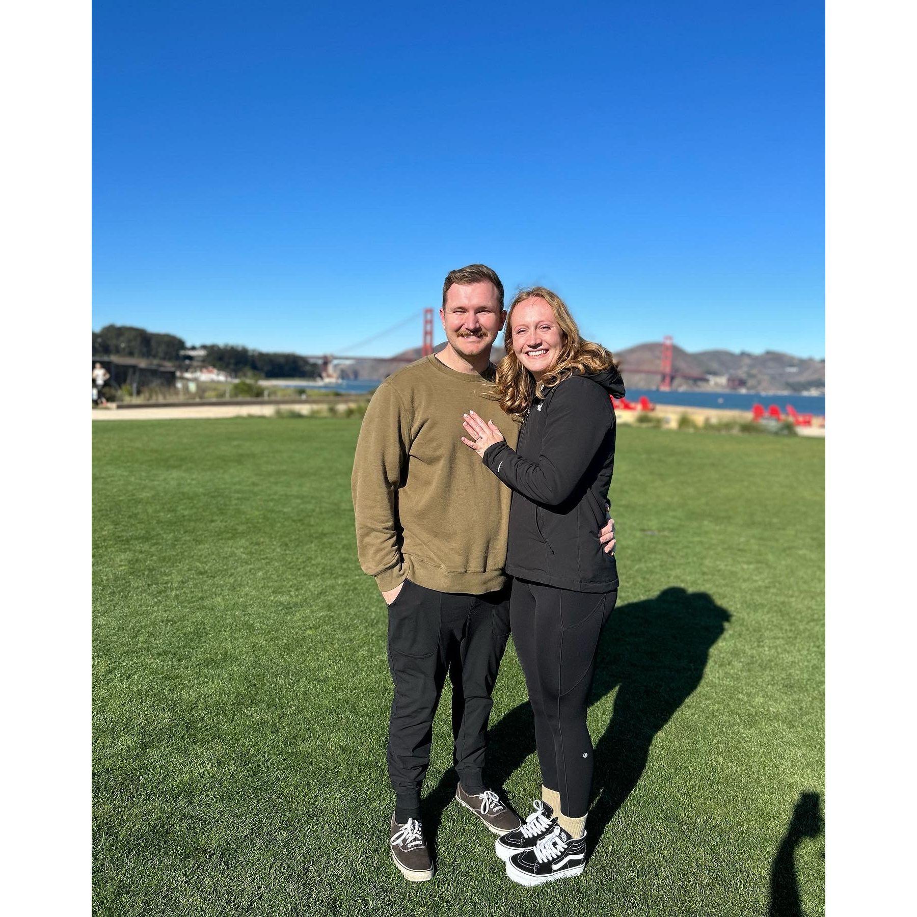 Zach proposed on November 25, 2023 at the Presidio Main Lawn in San Francisco