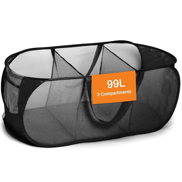 Foldable Laundry Baskets, Collapsible Mesh Laundry Hamper, Durable Pop Up Laundry Basket, 3 Compartments Clothes Hampers for Laundry, Easy to Carry & Sort for Dorm, Home, Kids Room, Travel Black