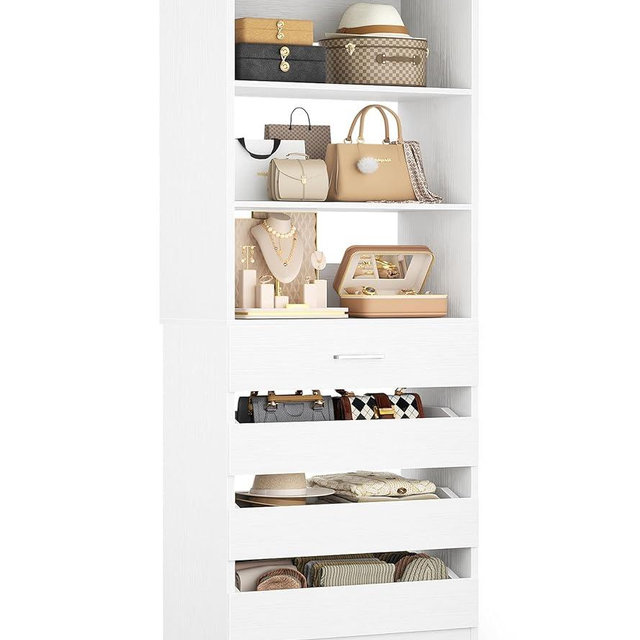 Aheaplus 21.3" Closet System with 4 Drawers, Wood Closet Organizer with Open Shelves, Modular Drawers System Tower, Walk-in Closets Small Wardrobe Rack, Tall Storage Cabinet Unit, White