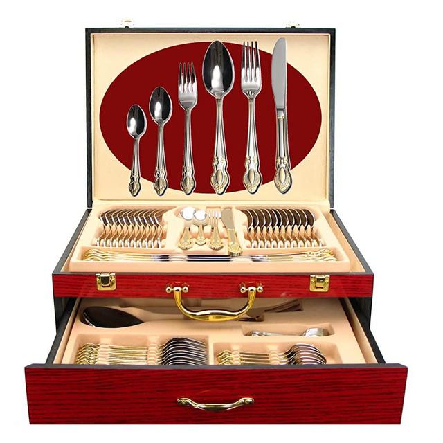 Venezia Collection 75-Pc Luxury Flatware Set for 12 w/Storage Case 24K Gold Premium Dining Cutlery Service - 18/10 Surgical Stainless Steel Silverware Hostess Serving Set in a Chest