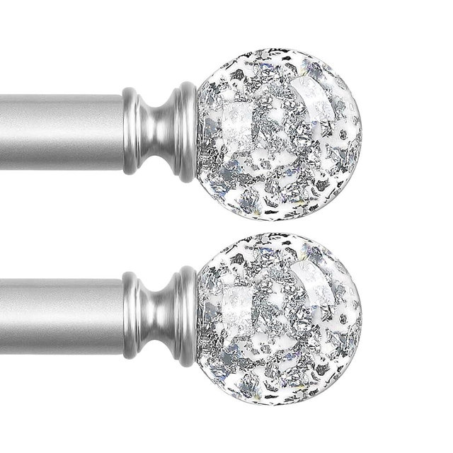 TVWOO Silver Decorative Crystal Curtain Rods 2 Pack:18-45"Heavy Duty Adjustable Window Curtains Rods for Bedroom Living Room,Nickel Modern Girly Acrylic Drapery Rod Set with Sheer Bling Foil Finials