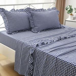 Navy Blue White Plaid Ruffle Sheets Queen Size 4-Piece Set, 300TC 100% Yarn Dyed Cotton Sheets 18 in Deep Pocket Classic Gingham Decorative Bedding (Navy Blue/White Plaid, Queen)