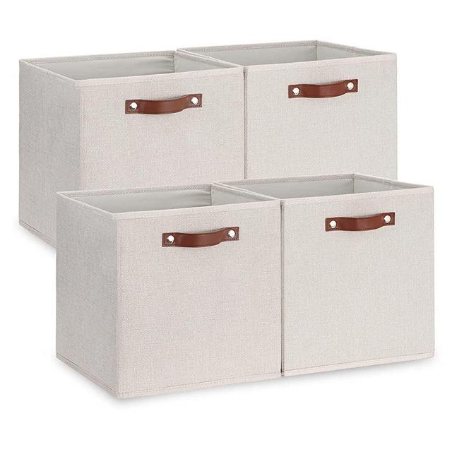 Temary Fabric Storage Cubes Storage Bins with Dual Leather Handles, 4 Pack Cube Baskets 13x13 Foldable Cube Organizers for Shelves, Home, Office, Nursery
