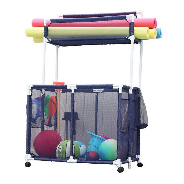 Essentially Yours Pool Noodles Holder, Toys, Floats, Balls and Floats Equipment Mesh Rolling Double Decker Multi Use Storage Organizer Bin, 37" L x 24" W x 55" H, XXL, Blue Mesh/White PVC
