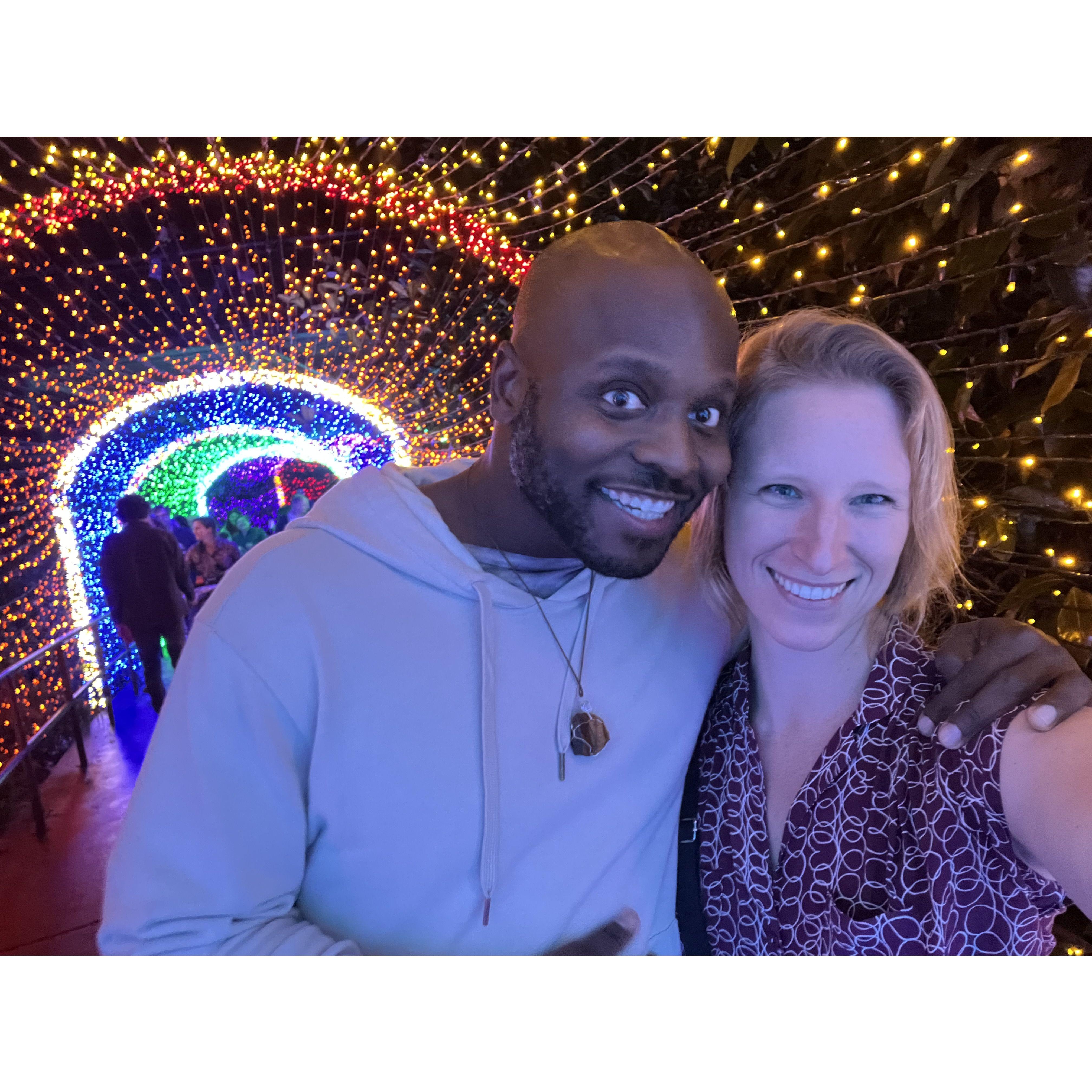 One of our first pictures together at Garden Lights at the Botanical Gardens