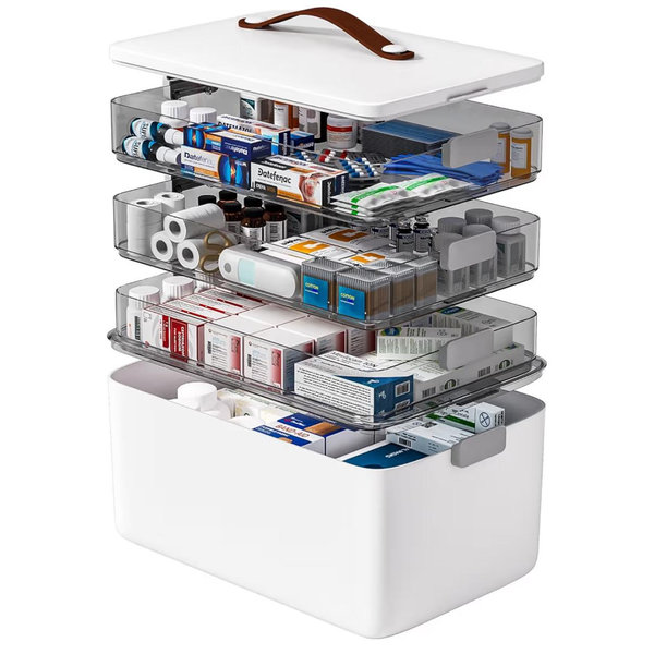 funest 4- Tier Medicine Storage Box Organizer Portable First Aid kit Box Empty with Handle, Multipurpose Medical Supply Organizer with Removable Tray, White