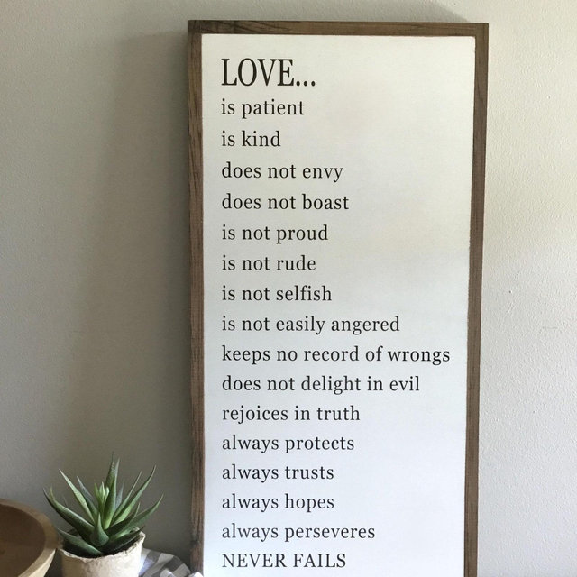 LOVE IS - 12" x 23" wood sign | Bible Verse wall decor | Scripture Sign wall plaque | farmhouse wall art | wedding gift | Anniversary Gift