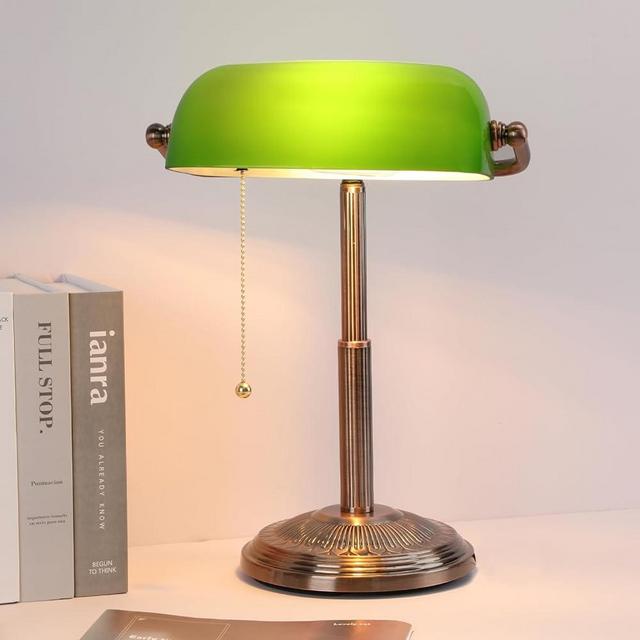 LINNMON Bankers Desk Lamp, Green Retro Lamp, Vintage Lamp with Pull Chain Switch for Home Office, LED Bulb Included (Copper+Green)