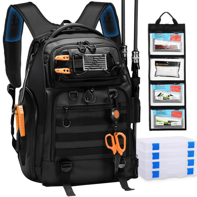 BAIXIXIG 50L Fishing Tackle Backpack with Removable Lure Wraps,Include (4) 3600 Tackle Boxes, 2 Rod Holders Storage Fishing Gear and Equipment